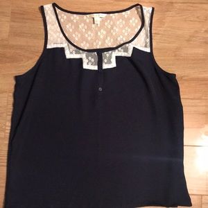 LC Lauren Conrad Navy Blue with Lace Bodice Top Blouse Size Large